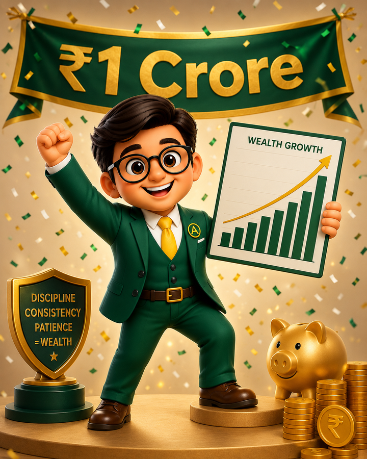 Mr. Accru celebrating under a banner that reads ₹1 Crore, with a wealth growth chart