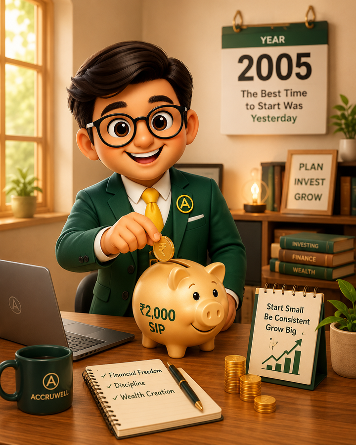 Mr. Accru dropping a coin into a piggy bank labelled ₹2,000 SIP, with a calendar reading Year 2005