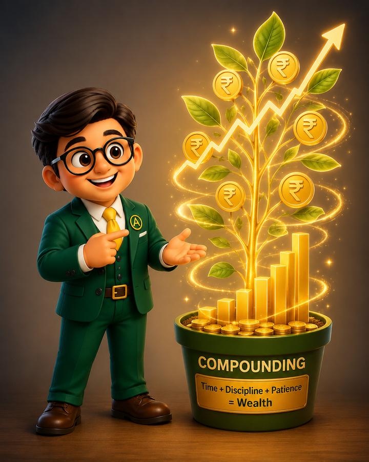 Mr. Accru beside a glowing money tree growing out of a pot labelled Compounding: Time + Discipline + Patience = Wealth