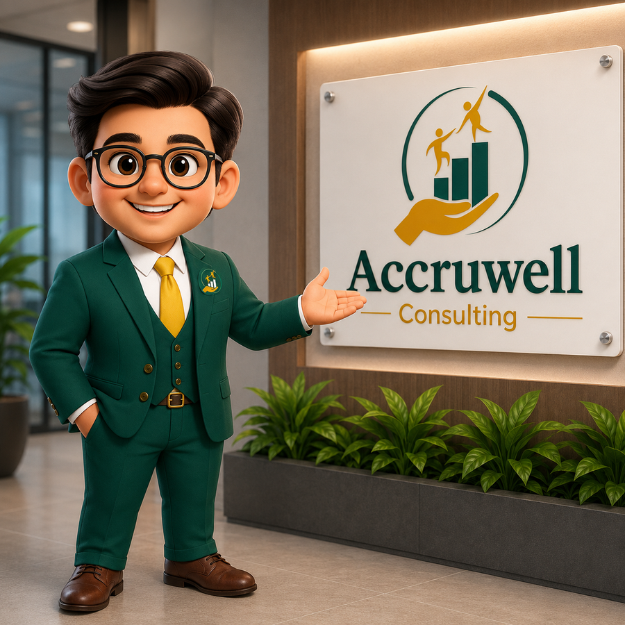 Mr. Accru introducing the Accruwell Consulting office sign