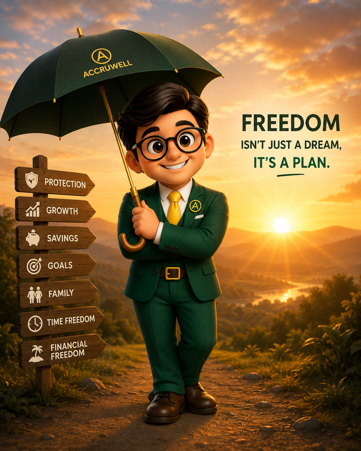 Mr. Accru holding an Accruwell umbrella at sunset, beside a signpost pointing to Protection, Growth, Savings, Goals, Family, Time Freedom, and Financial Freedom, with the words Freedom isn't just a dream, it's a plan
