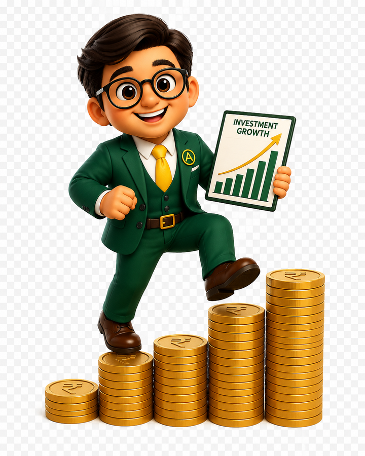 Mr. Accru stepping up a rising staircase of coins, holding a chart labelled Investment Growth