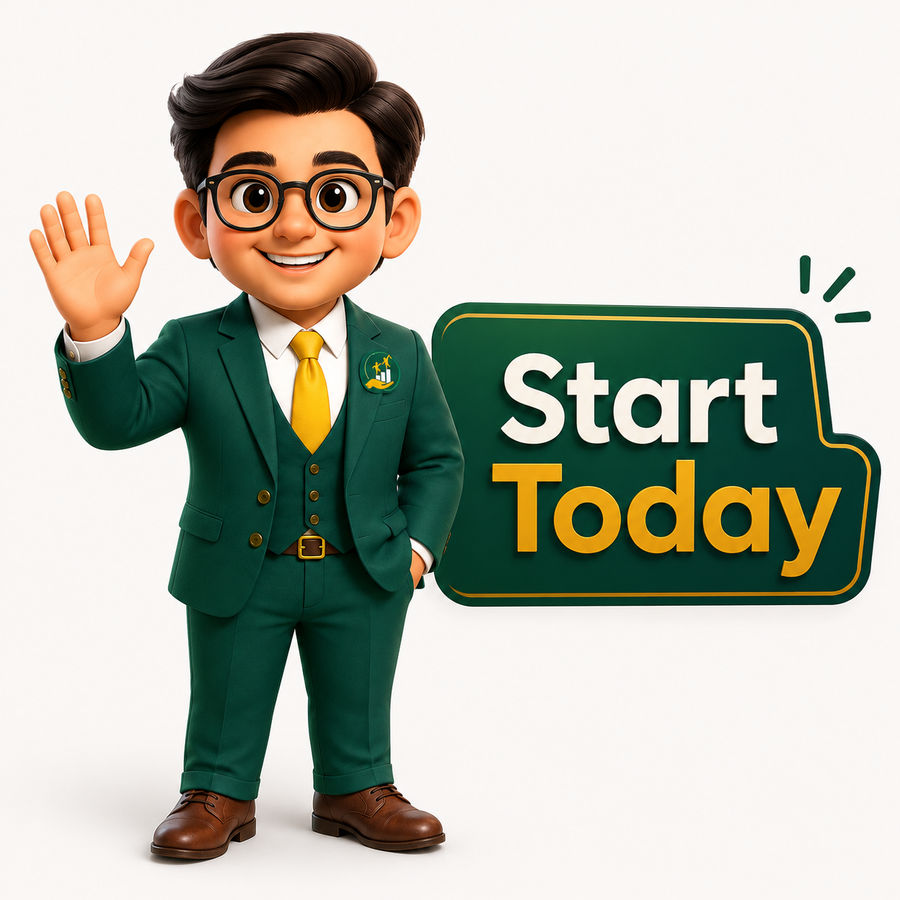 Mr. Accru waving next to a sign that says Start Today