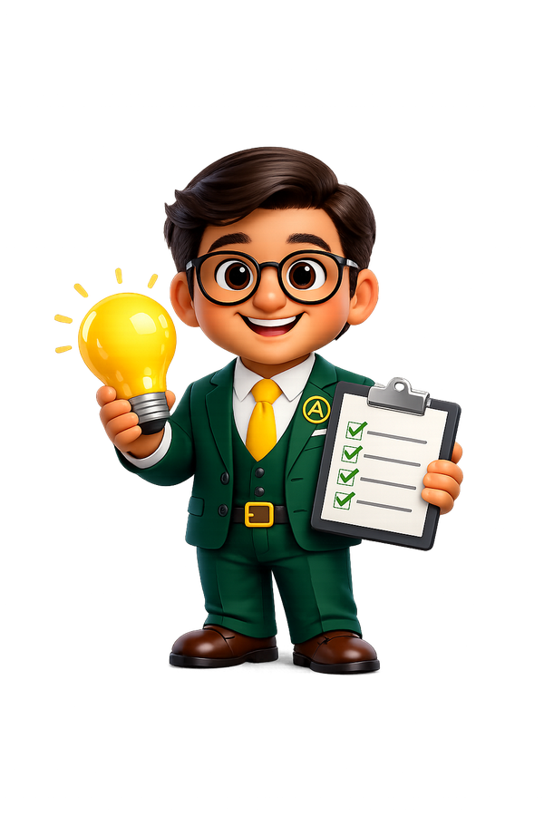 Mr. Accru holding a lightbulb and a checklist with items ticked off